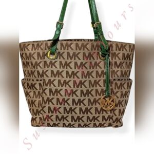 Michael Kors Tote Signature Jet Set Bag Brown Green Khaki Jacquar Gold Hardware